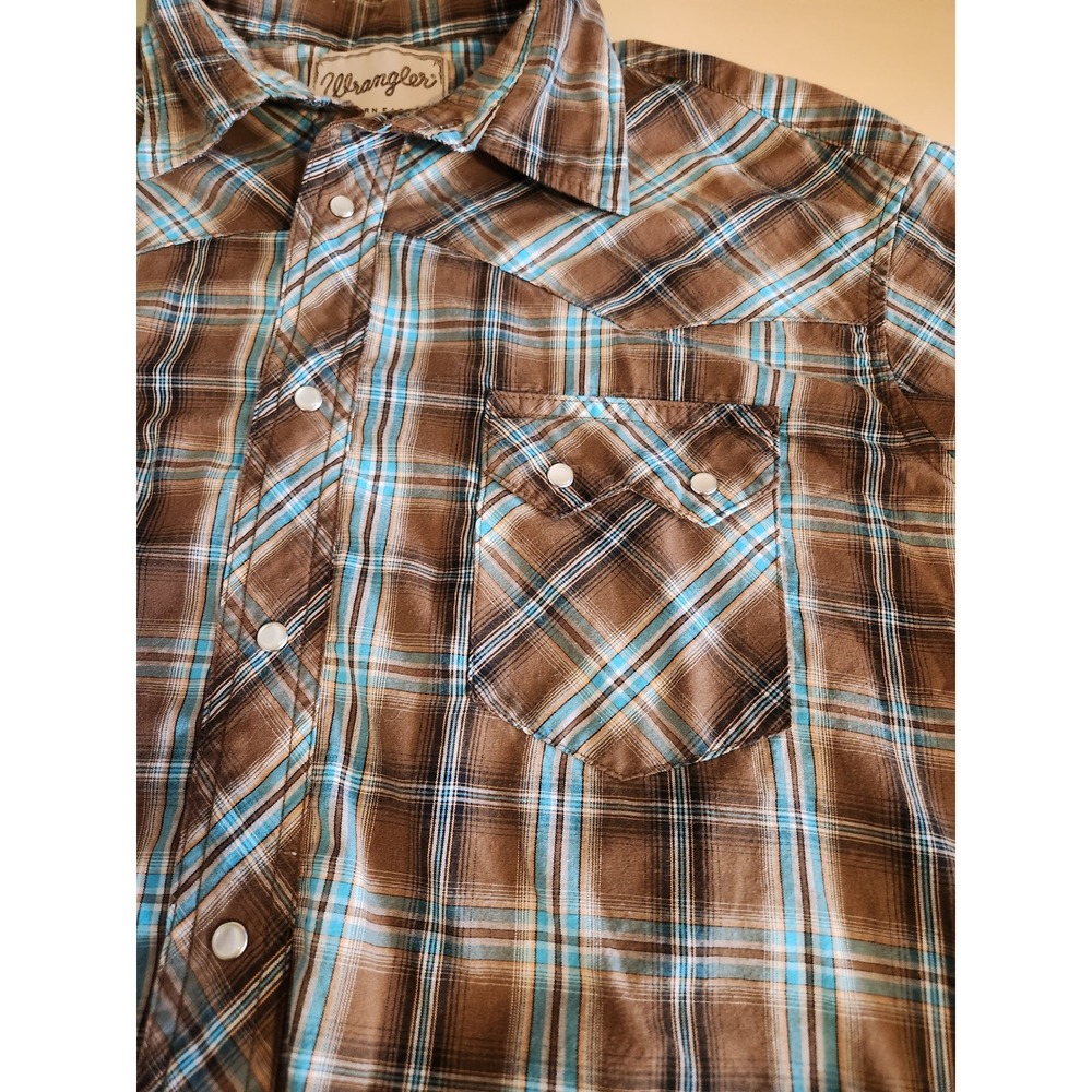 Wrangler Western Snap Mens XL Brown Turquoise Plaid Short Sleeve Pearl Snap - Picture 3 of 6